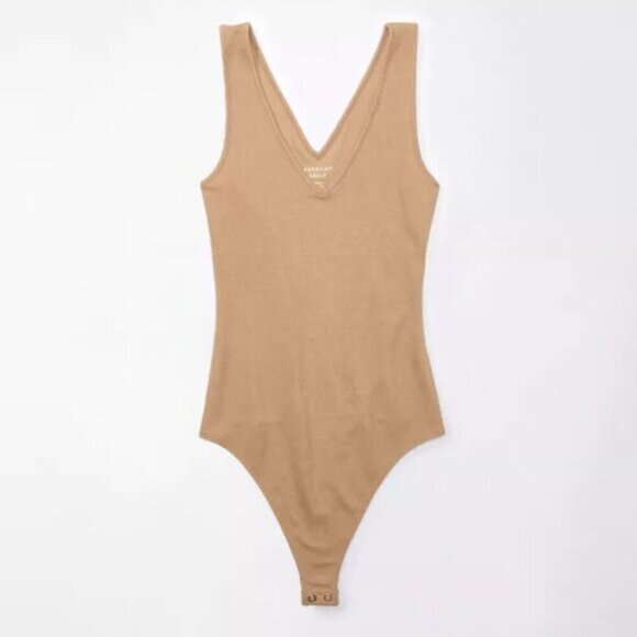 NWT American Eagle Ribbed V Neck Brown Thong Bodysuit - Picture 3 of 6